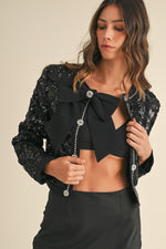 SEQUIN TWEED BOW TRIM FRONT CROP JACKET