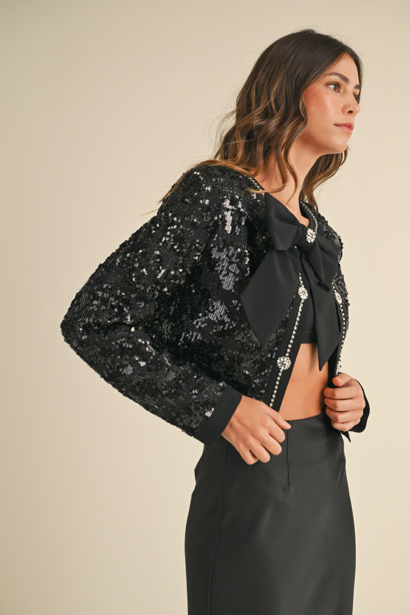 SEQUIN TWEED BOW TRIM FRONT CROP JACKET