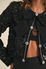 SEQUIN TWEED BOW TRIM FRONT CROP JACKET