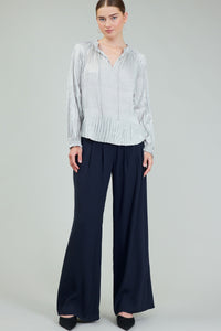 RUFFLED SPLIT NECK PLEATED BLOUSE