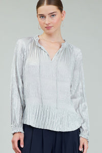 RUFFLED SPLIT NECK PLEATED BLOUSE