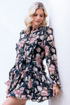 Black Floral Chiffon Ruffle Mini Dress with Long Sleeves