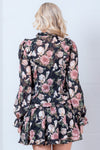 Black Floral Chiffon Ruffle Mini Dress with Long Sleeves