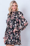 Black Floral Chiffon Ruffle Mini Dress with Long Sleeves