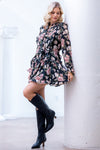 Black Floral Chiffon Ruffle Mini Dress with Long Sleeves