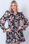Black Floral Chiffon Ruffle Mini Dress with Long Sleeves