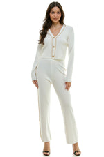 CHAIN RIBBON CARDIGAN PANT SWEATER SET