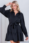 Black Button-Down Long Sleeve Belted Mini Dress