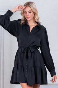 Black Button-Down Long Sleeve Belted Mini Dress