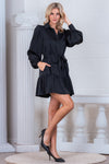 Black Button-Down Long Sleeve Belted Mini Dress