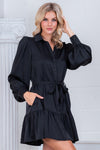 Black Button-Down Long Sleeve Belted Mini Dress
