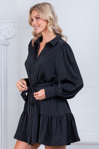 Black Button-Down Long Sleeve Belted Mini Dress
