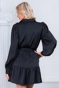 Black Button-Down Long Sleeve Belted Mini Dress