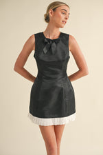 BOW APPLIQUE SATIN MINI DRESS PLEATED CONTRAST