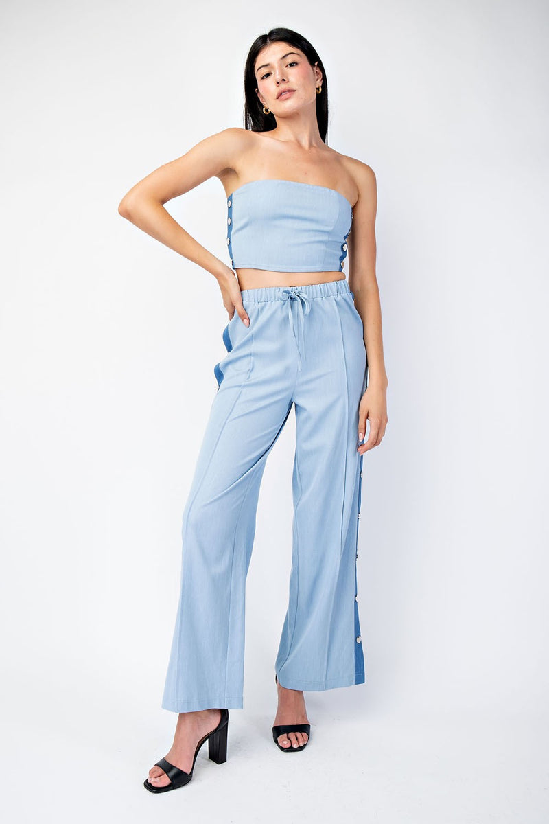 ELASTIC WAIST CHAMBRAY PANTS W/ CONTRAST SIDE