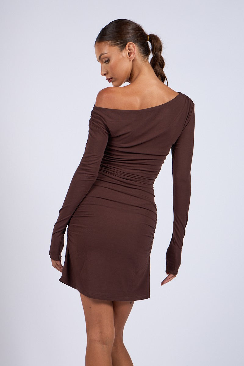 ONE-SHOULDER LONG SLEEVE RUCHED MINI DRESS