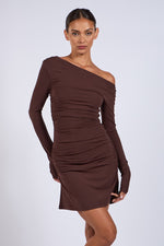 ONE-SHOULDER LONG SLEEVE RUCHED MINI DRESS