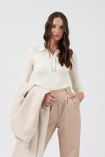 CONTRAST STITCH COLLARED SWEATER KNIT TOP