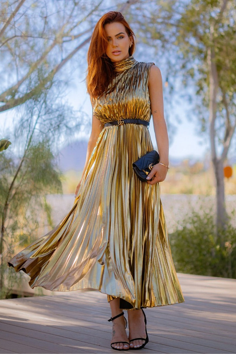 Metallic high neck elastic waist pleated midi dress