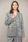 Gray Plaid Sequin Embellished Oversized Blazer