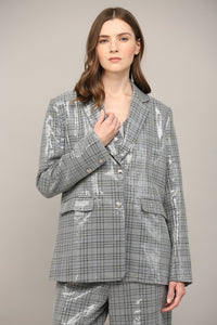 Gray Plaid Sequin Embellished Oversized Blazer