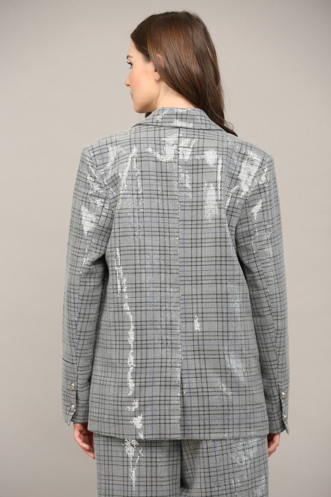 Gray Plaid Sequin Embellished Oversized Blazer