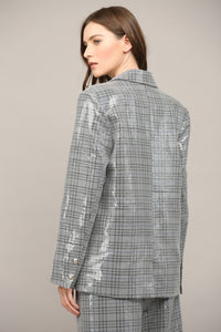 Gray Plaid Sequin Embellished Oversized Blazer