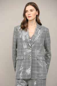 Gray Plaid Sequin Embellished Oversized Blazer