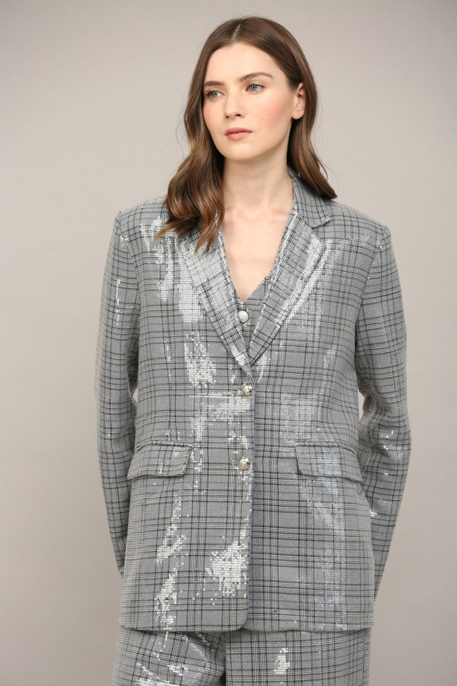 Gray Plaid Sequin Embellished Oversized Blazer