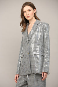 Gray Plaid Sequin Embellished Oversized Blazer