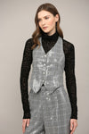Gray Metallic Checkered Tailored Vest with Back Tie Detail