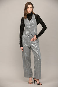 Gray Metallic Checkered Tailored Vest with Back Tie Detail
