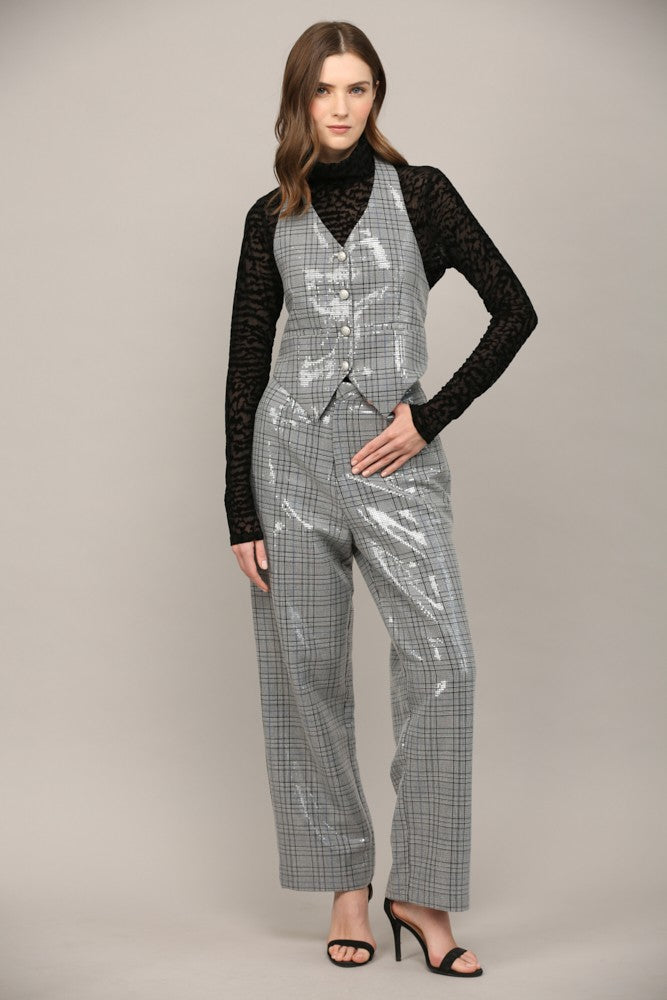 Gray Metallic Checkered Tailored Vest with Back Tie Detail