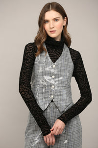 Gray Metallic Checkered Tailored Vest with Back Tie Detail