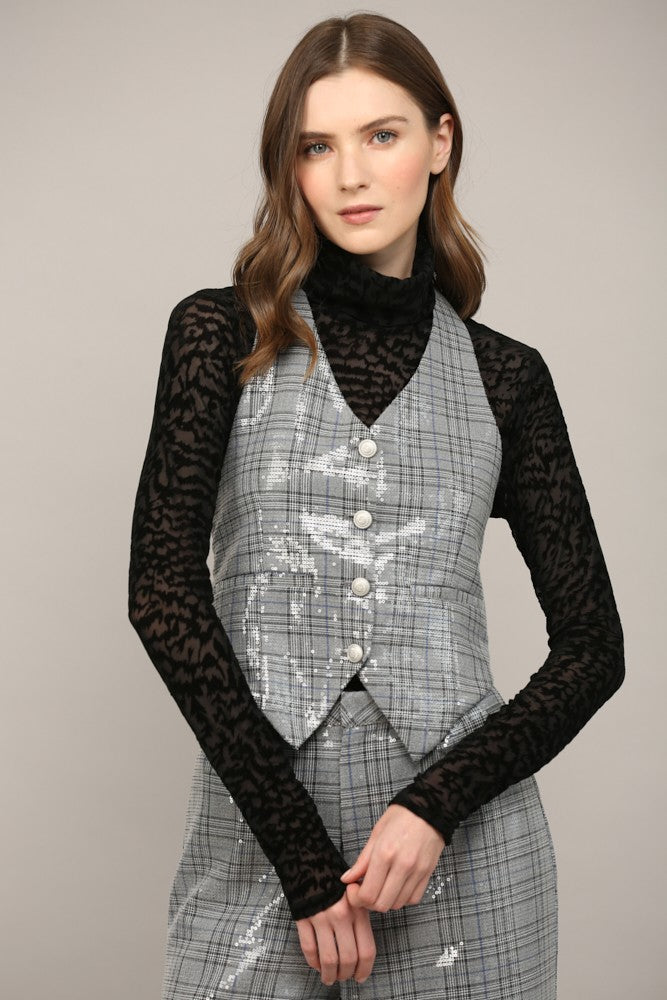 Gray Metallic Checkered Tailored Vest with Back Tie Detail