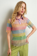 Rhinestone Mesh Color Block Polo Shirt