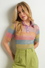 Rhinestone Mesh Color Block Polo Shirt