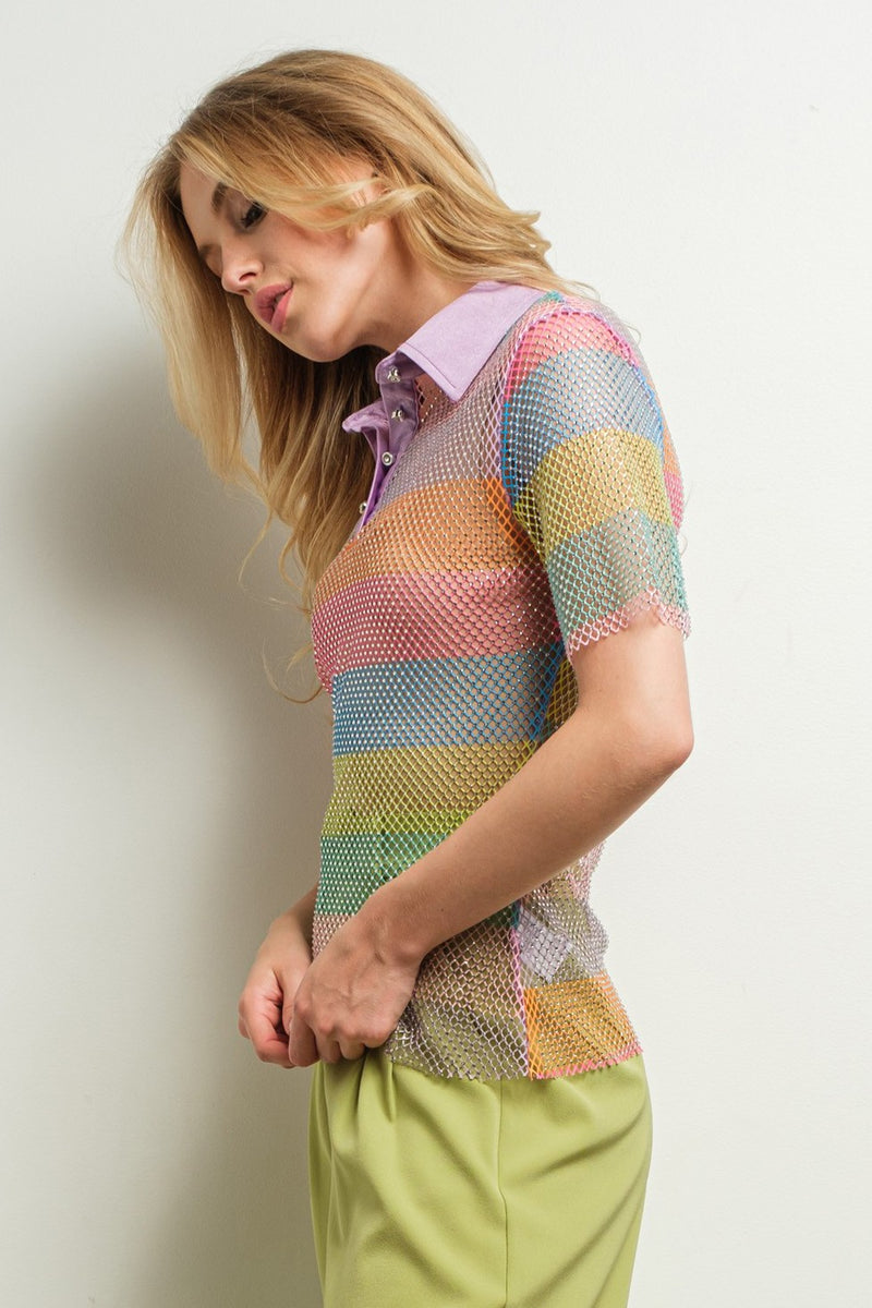 Rhinestone Mesh Color Block Polo Shirt