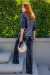 Solid Velvet Blazer And Straight Wide Leg Trousers