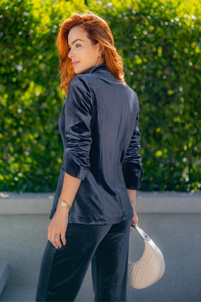 Solid Velvet Blazer And Straight Wide Leg Trousers