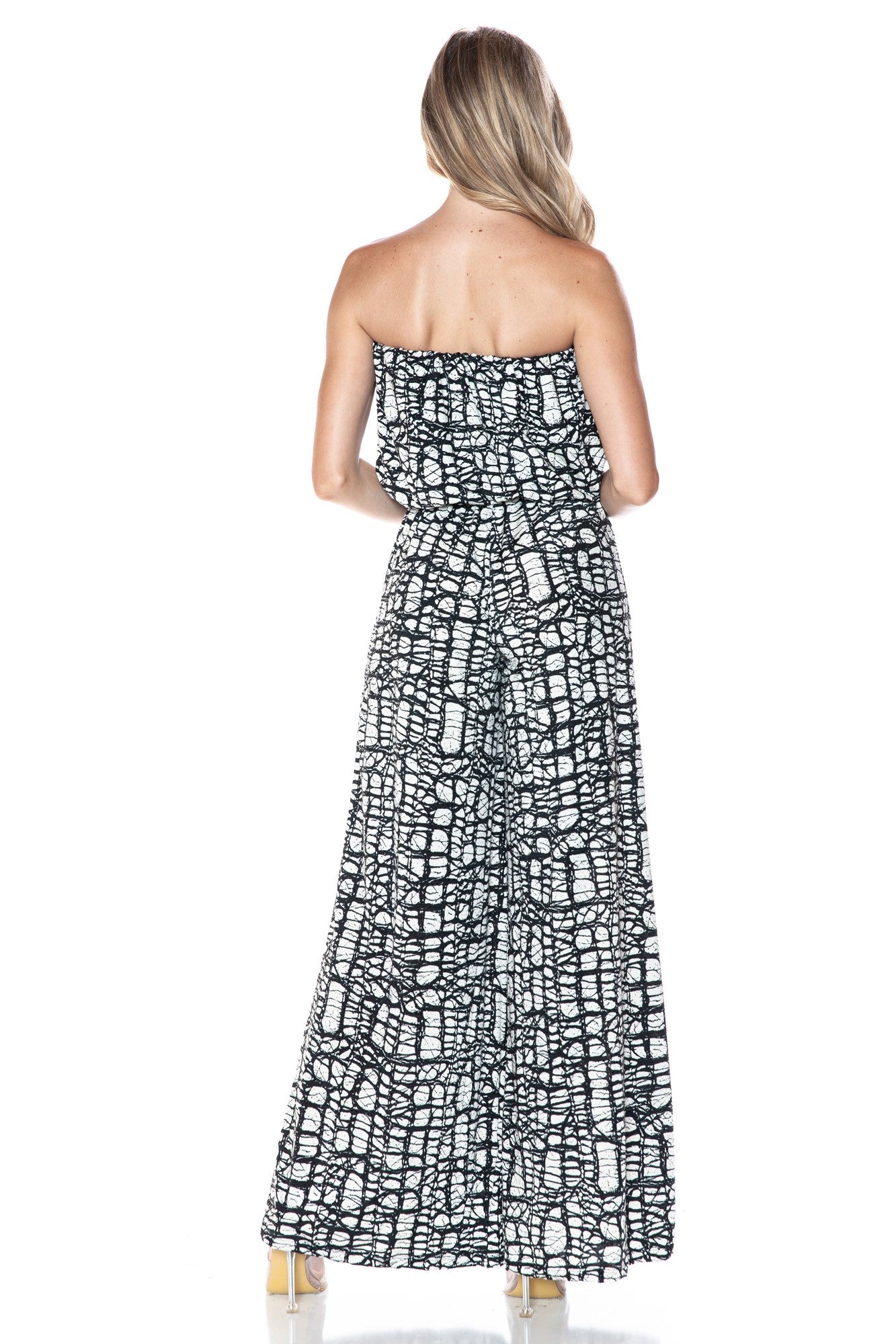 Strapless Black and White Abstract Print Wide Leg Jumpsuit