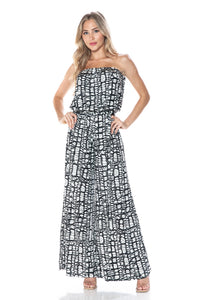 Strapless Black and White Abstract Print Wide Leg Jumpsuit