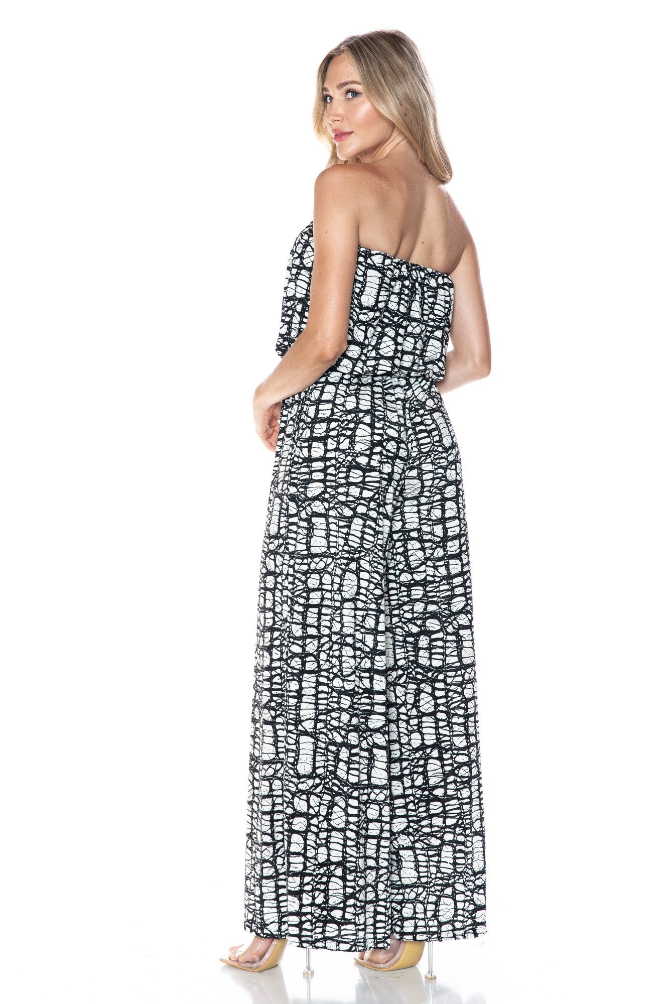Strapless Black and White Abstract Print Wide Leg Jumpsuit