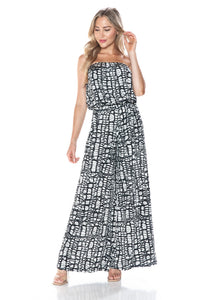 Strapless Black and White Abstract Print Wide Leg Jumpsuit