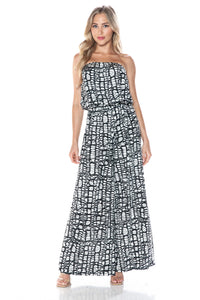 Strapless Black and White Abstract Print Wide Leg Jumpsuit