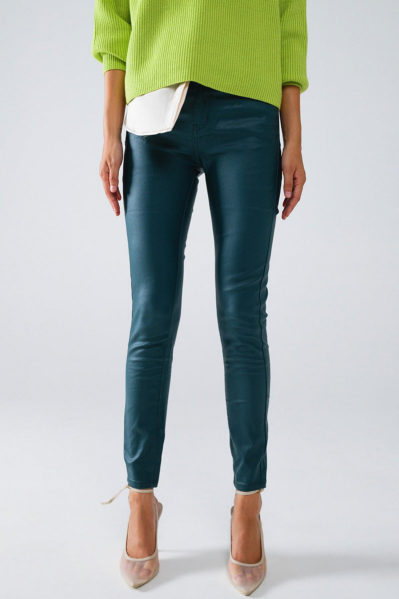 Dark Green Faux Leather Super Skinny Pants