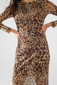 Leopard Print Mesh Long Sleeve Dress