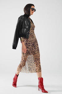 Leopard Print Mesh Long Sleeve Dress