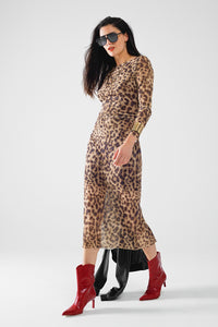 Leopard Print Mesh Long Sleeve Dress