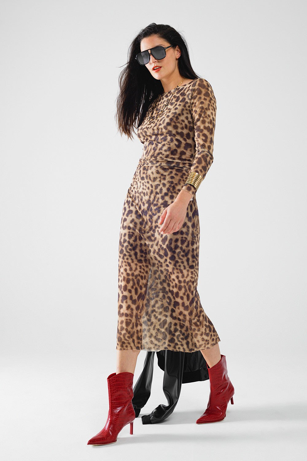 Leopard Print Mesh Long Sleeve Dress